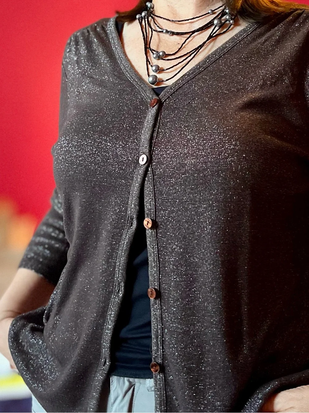 Talbots Metallic Shimmer Dark Chocolate Brown V-Neck Button Cardigan Vintage - Picture 2 of 9